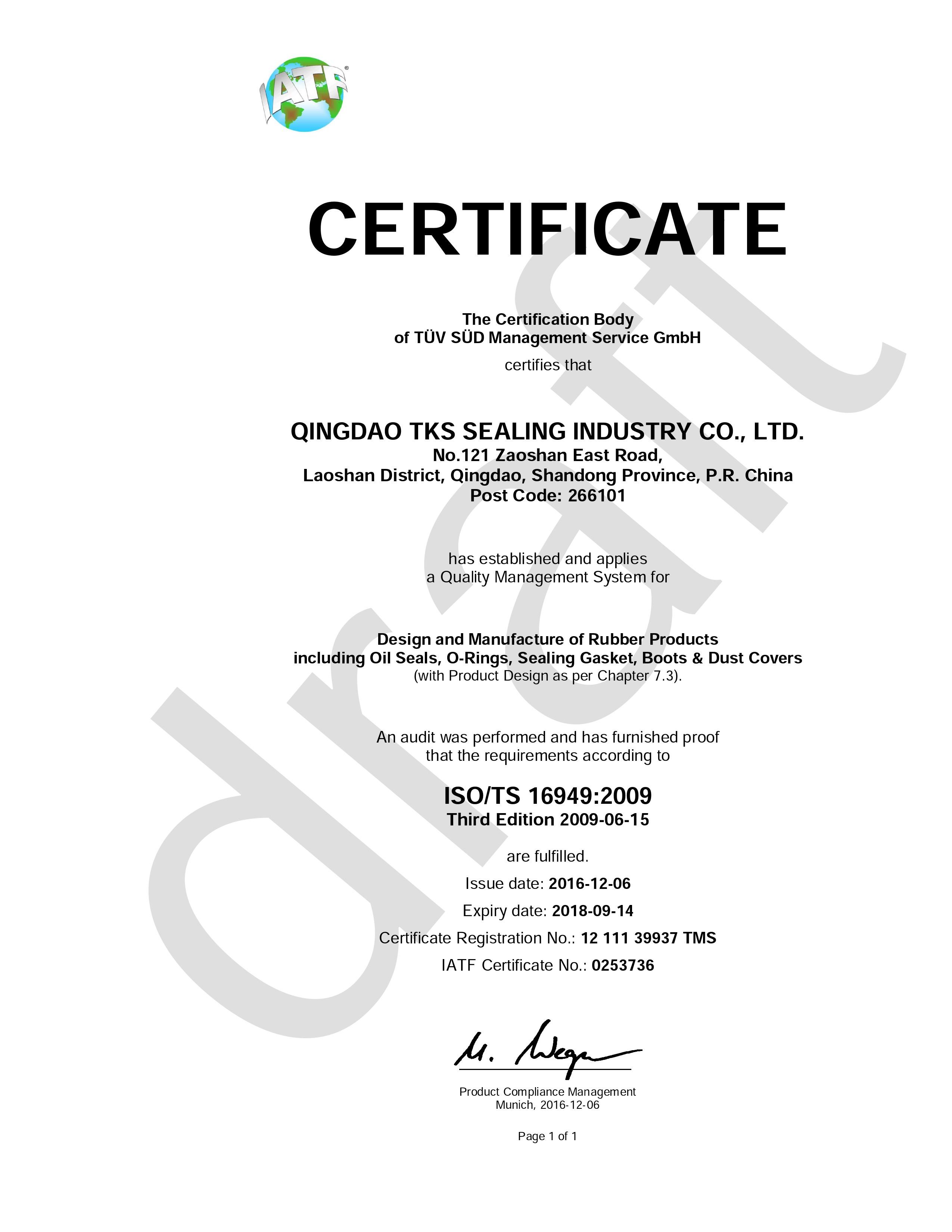China Qingdao Global Sealing-tec co., Ltd Certificaten